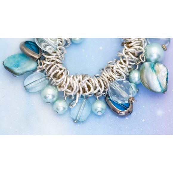 Vintage Blue Pearls Stone Rock Gems Unkempt Chain Link Bracelet | 6 inch | J29 - Picture 2 of 3